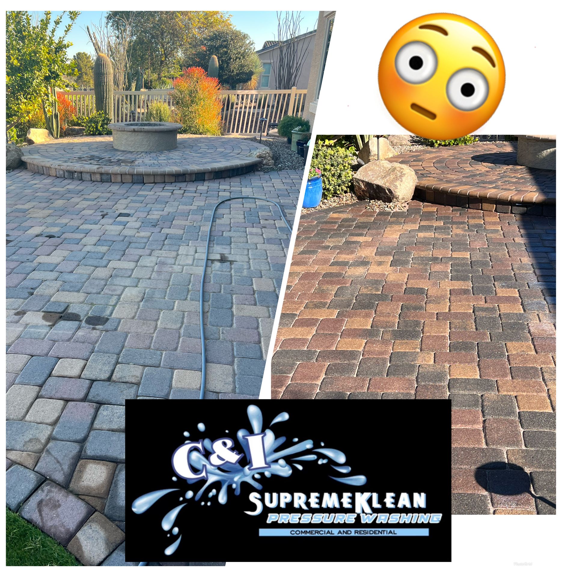 Paver patio before and after cleaning. The 