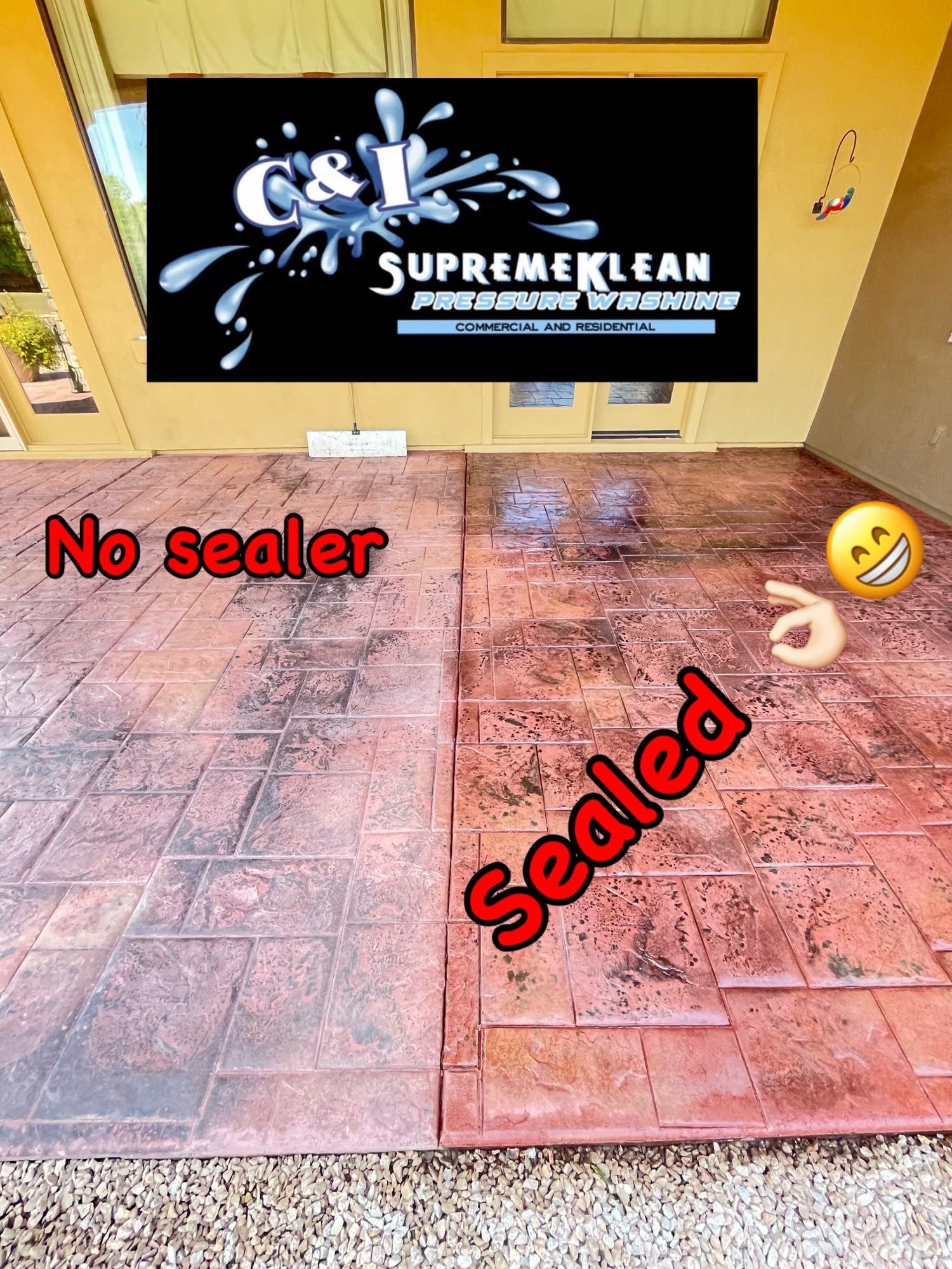Concrete patio comparison: unsealed vs. sealed. The right side is sealed, appearing darker and glossy; the left side, unsealed.