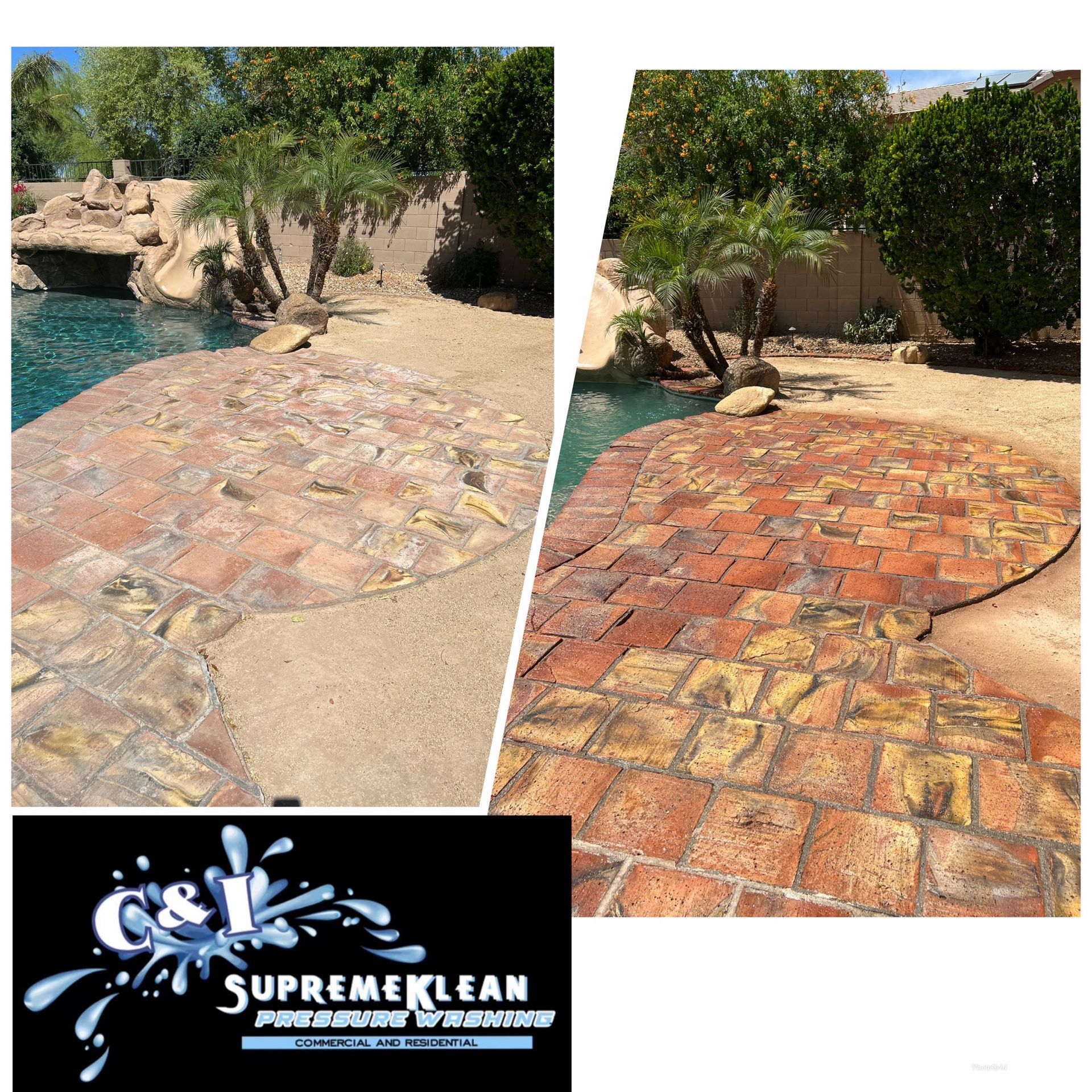 Before and after photos showing patio tile cleaning near a pool.