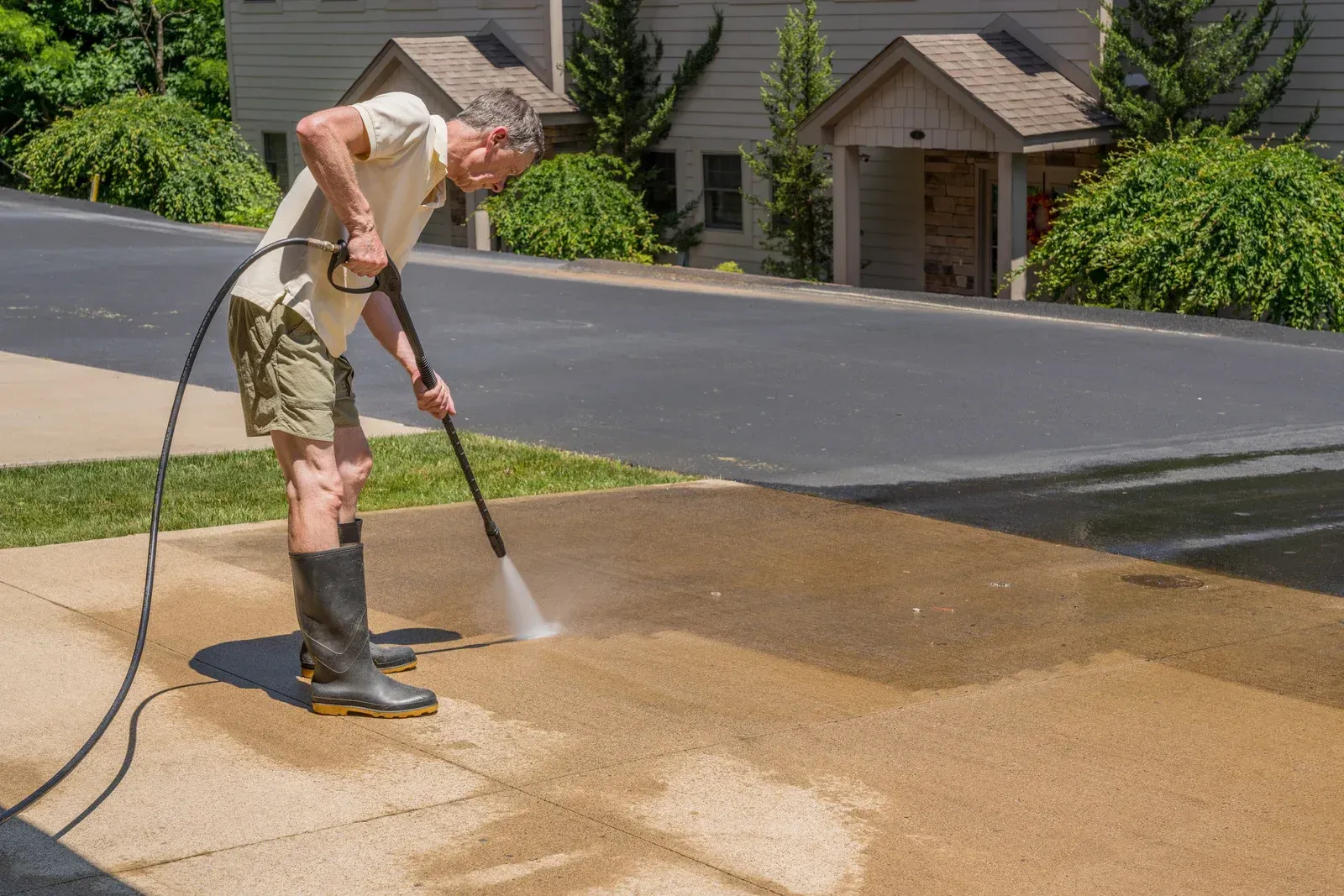 Man power washing a concrete surface with a high-pressure hose outdoors in front of a building.