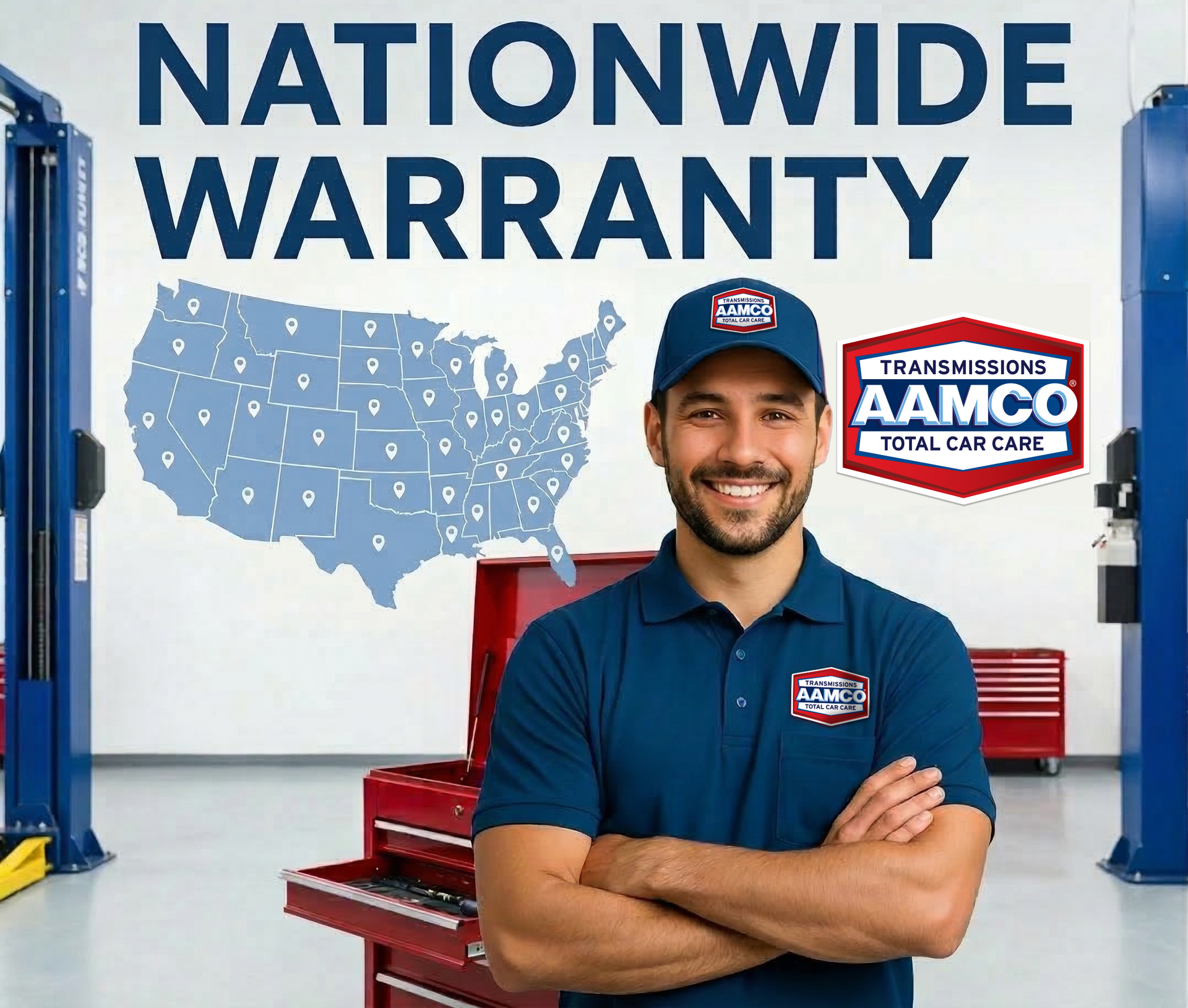 Smiling AAMCO mechanic, arms crossed, in a service bay, with a map of the US, promoting nationwide warranty.