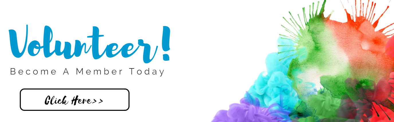 Volunteer event banner with blue text, white background, rainbow watercolor splash, and “make plans” button