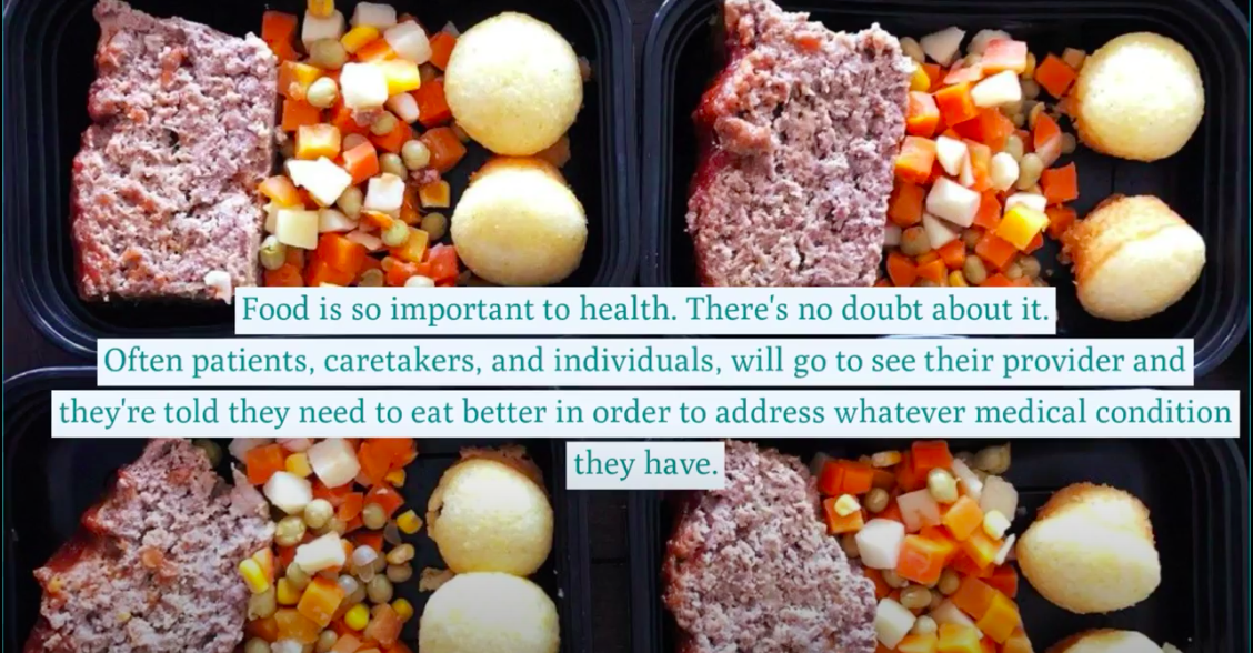 Screen grab from video of four plates of food with text over it