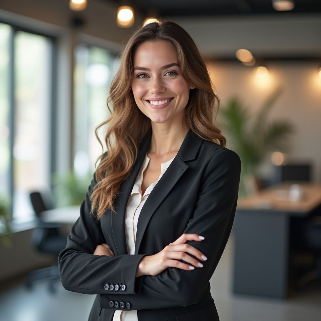 Woman in business suit with arms crossed, smiling in an office.