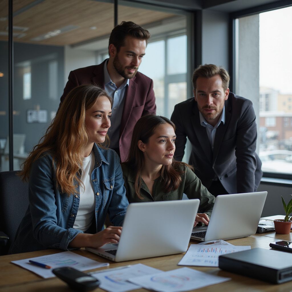 Team of five office workers collaborating around laptops, discussing documents in a modern office.