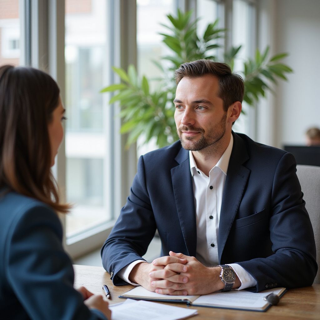 Man in suit at a desk, hands clasped, looking at a woman. Office setting, natural light.