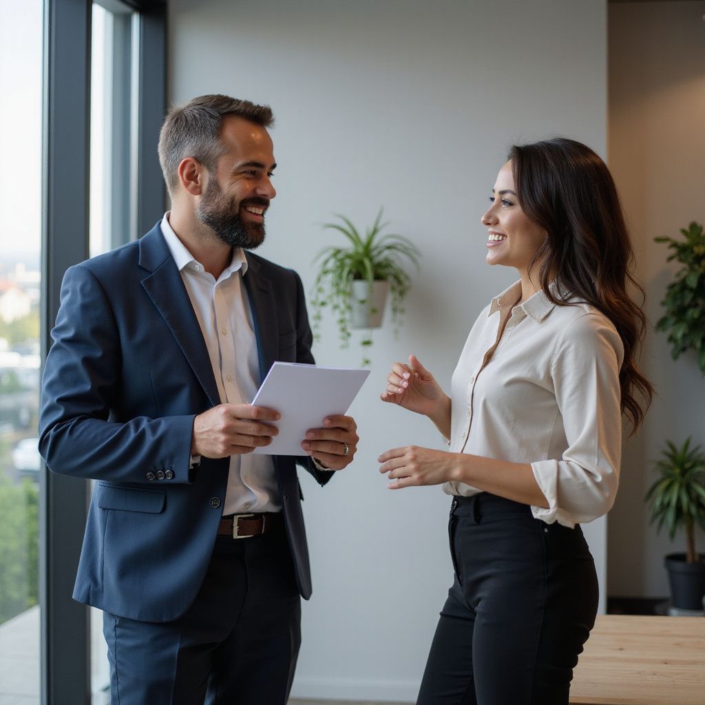 Man and woman in an office smiling and talking, man holding papers.