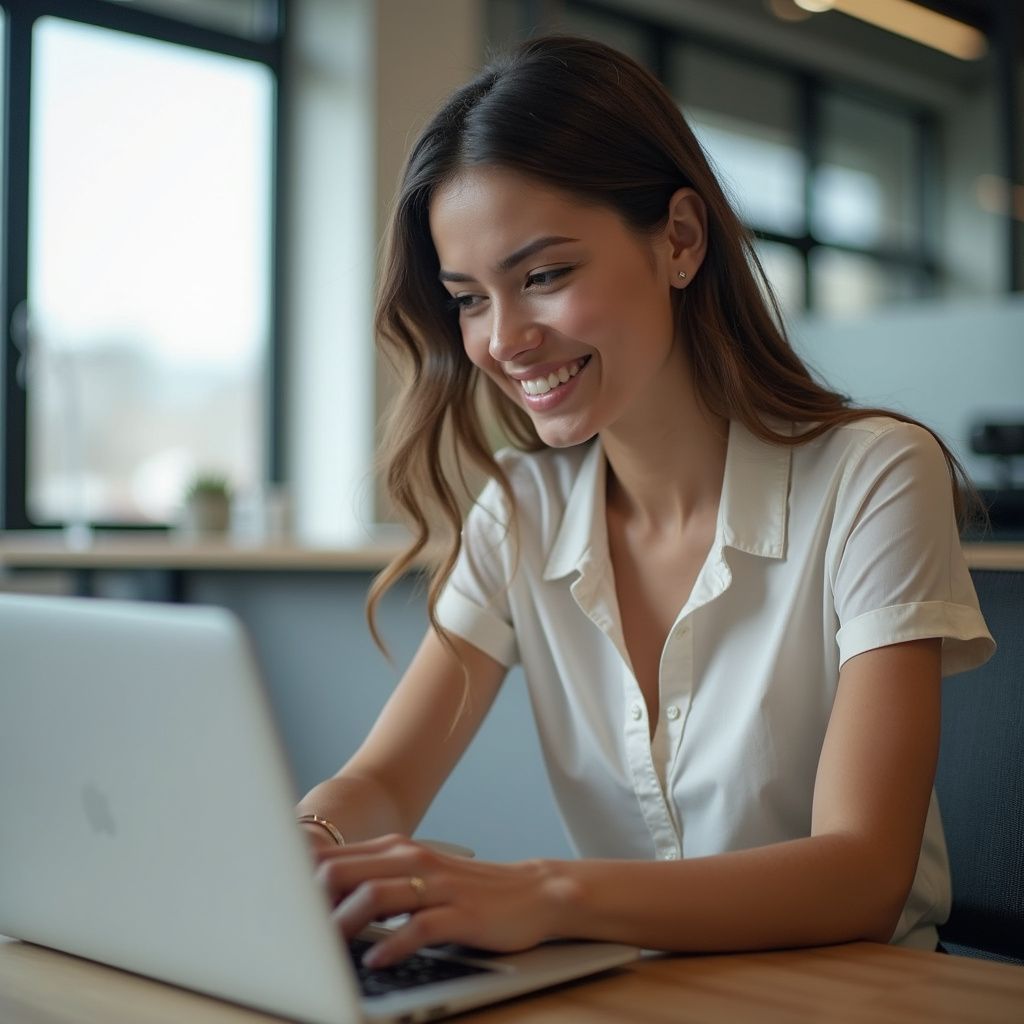 Woman with long brown hair smiling while typing on a laptop in an office setting.