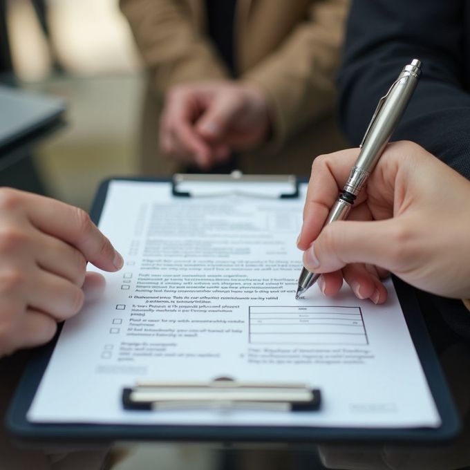 Person signing a document on a clipboard, with another person's hand pointing.