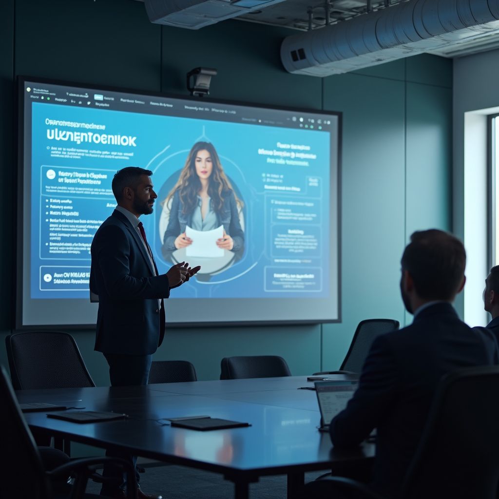 A man in a suit presents to colleagues in a conference room; a large screen displays a woman's profile.