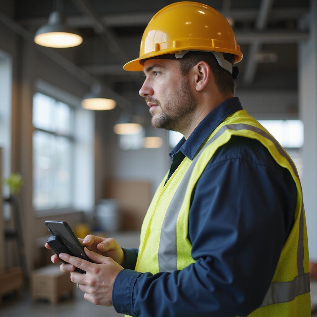 Construction worker in yellow hard hat and vest, looking at tablet in a building interior.