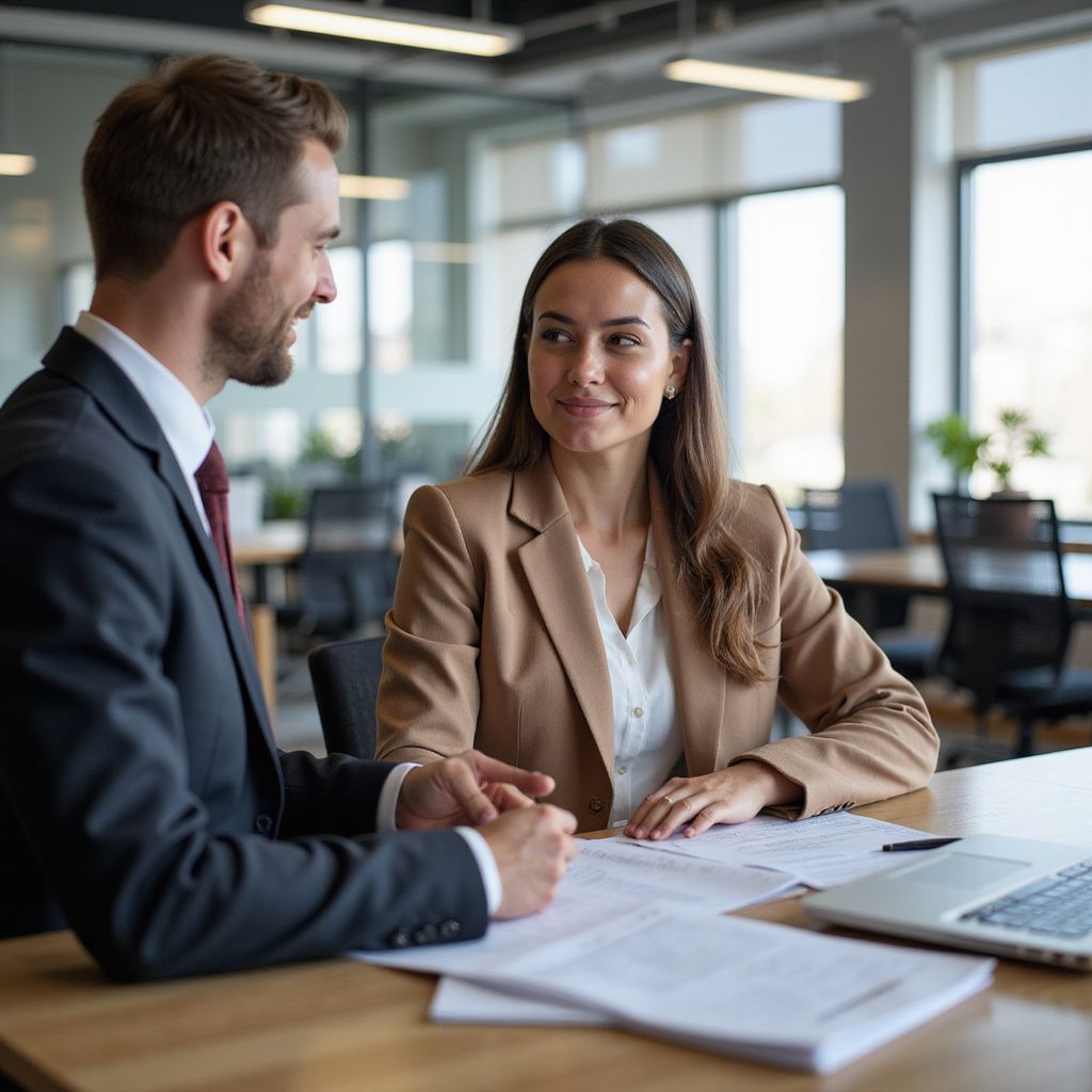Man and woman in business attire reviewing papers at a desk in an office.