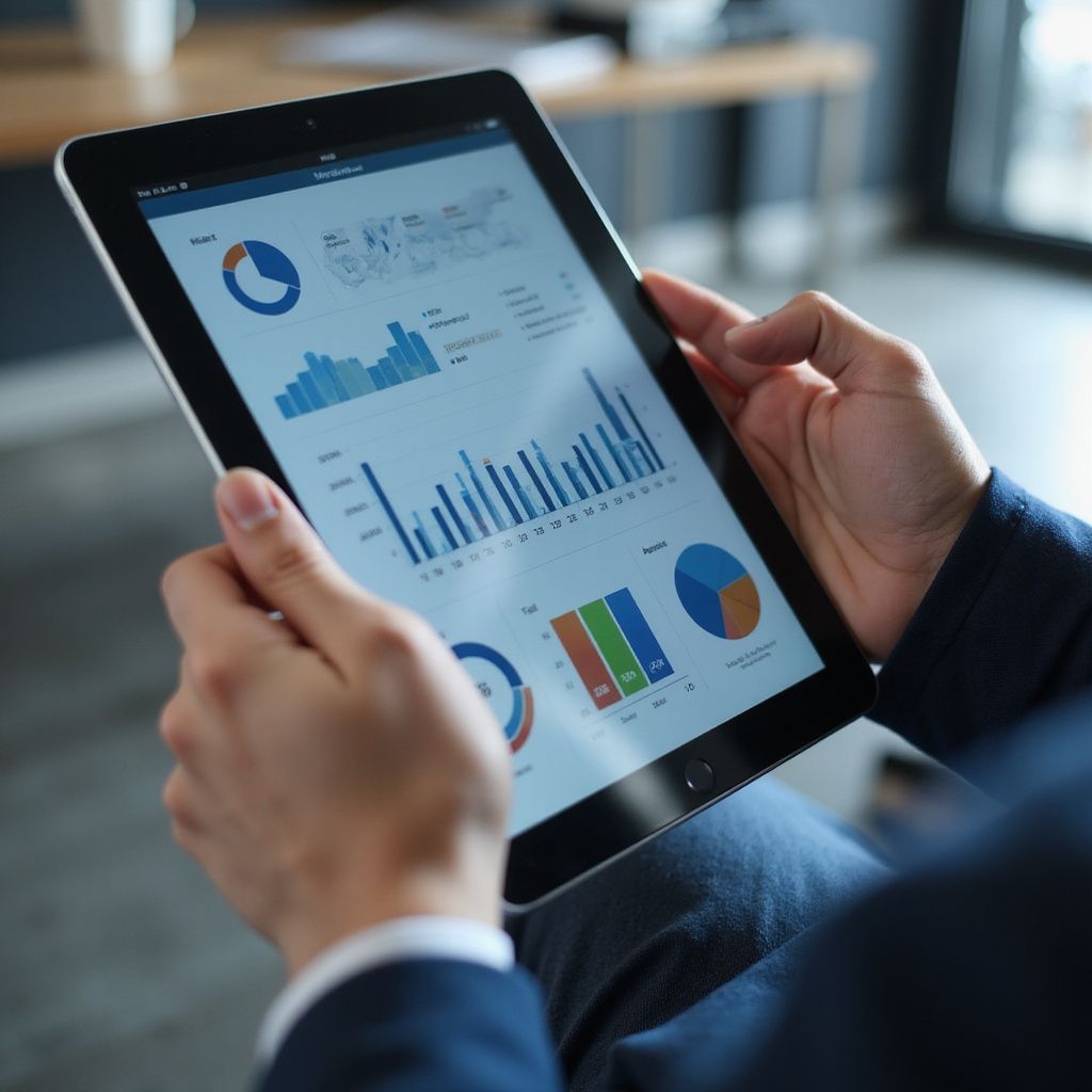 Person holding a tablet displaying financial charts and graphs, likely analyzing data.