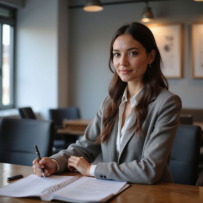 Woman in a suit smiles while writing at a desk in an office.