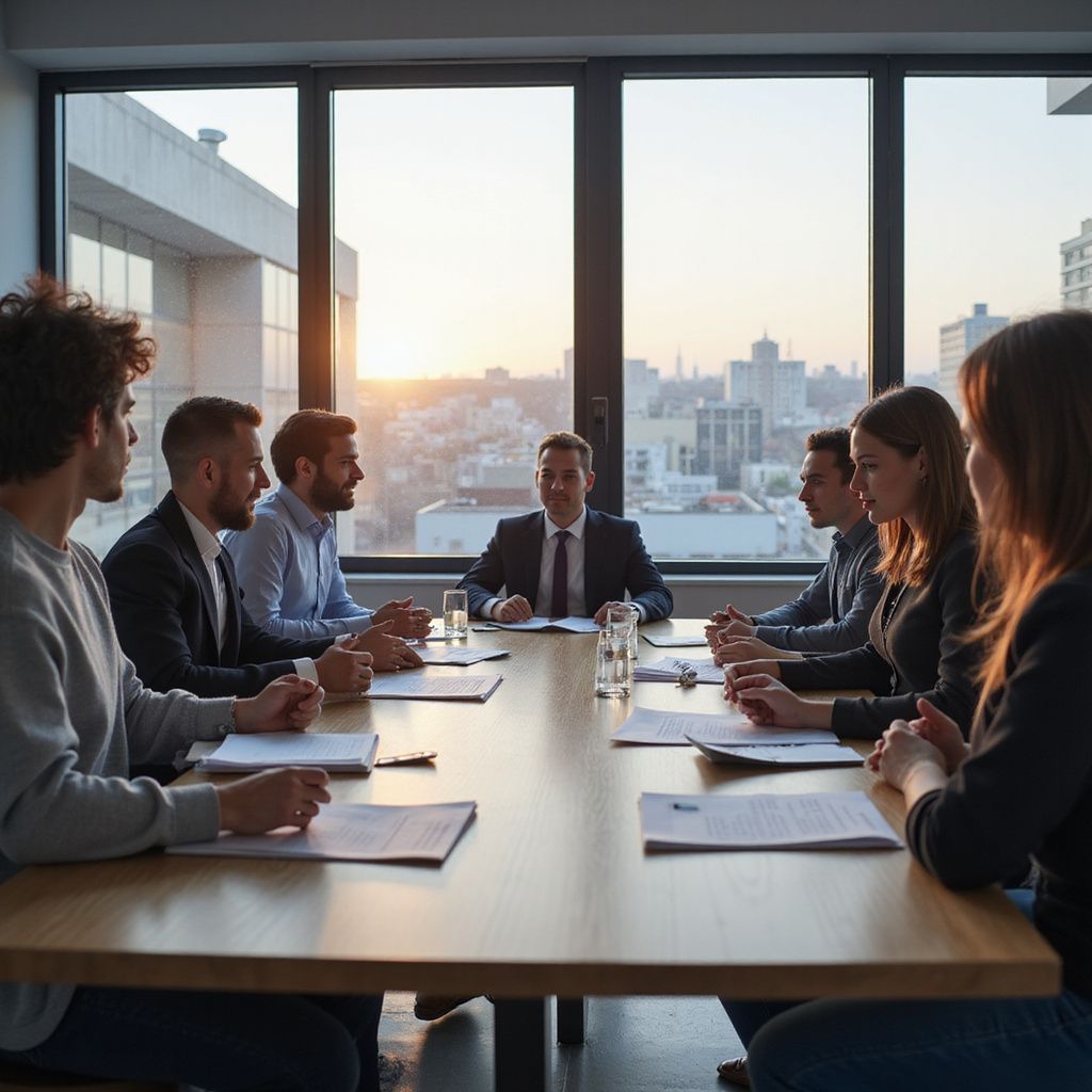 Business meeting around a table in a high-rise office with a city view at sunset.