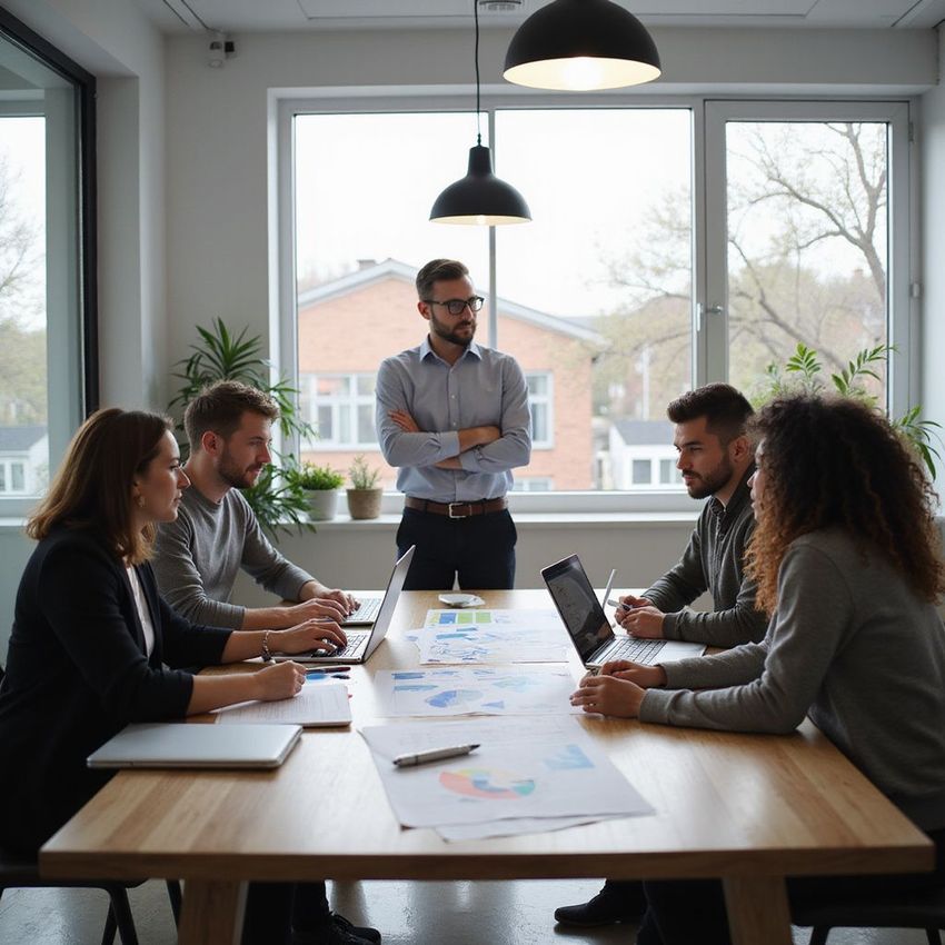 Business team in a meeting around a table, with a leader standing, arms crossed, looking at them.