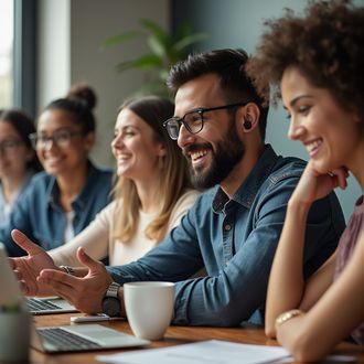 A group of diverse professionals smiling and collaborating around a table with laptops and coffee cups.