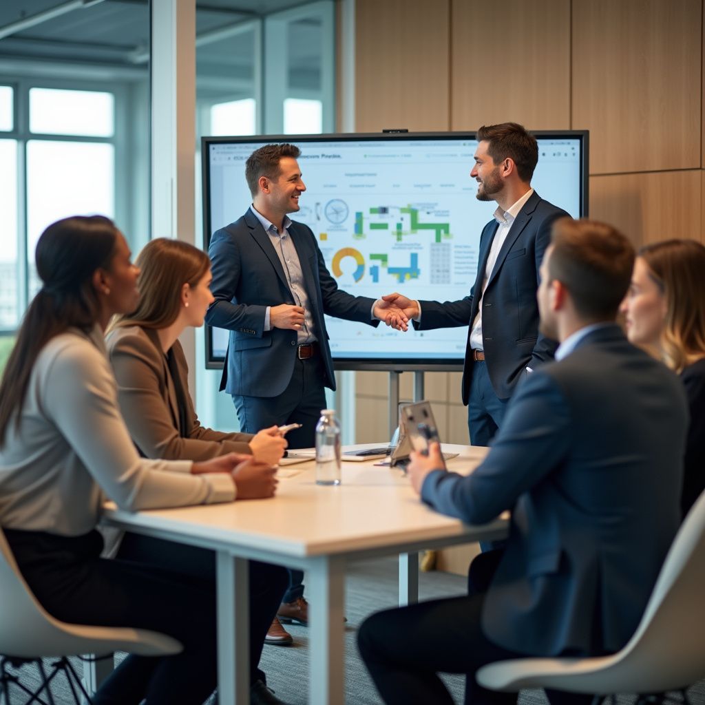 Business meeting: Men shaking hands in front of a screen, surrounded by colleagues at a table.