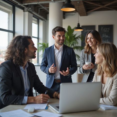 Four business colleagues collaborating at a table in an office, smiling, and discussing ideas.