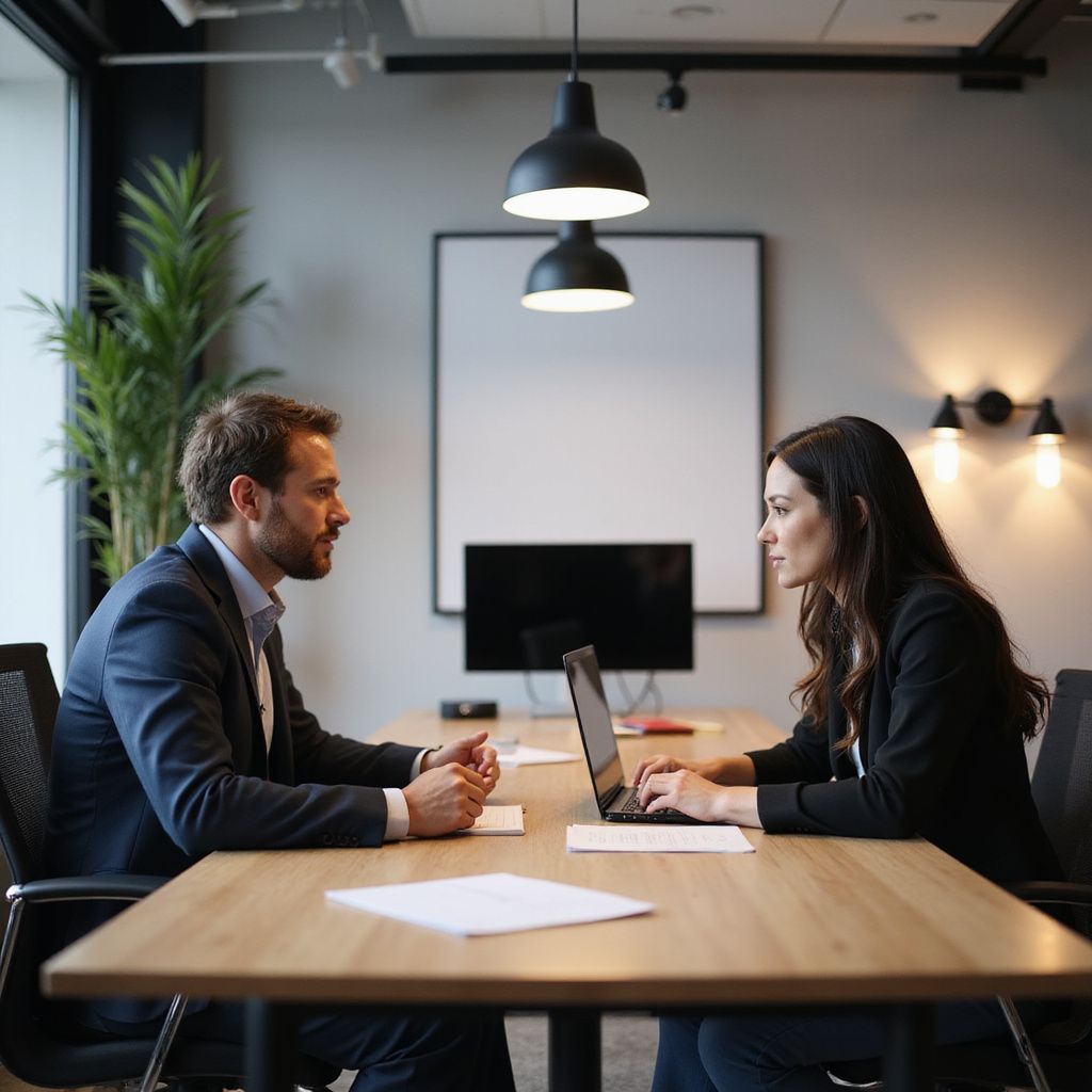 Man and woman in a meeting, seated across from each other at a table with a laptop.
