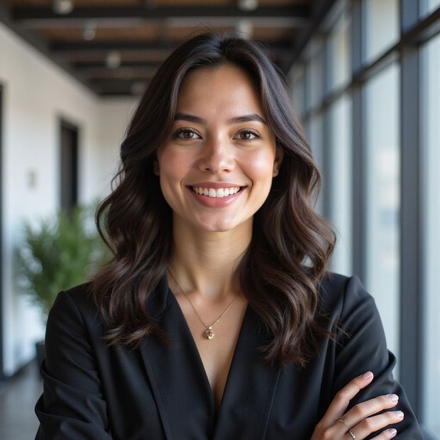 Woman with dark hair, smiling, wearing a black blazer, standing in an office.