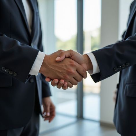 Two men in suits shaking hands in an office setting.