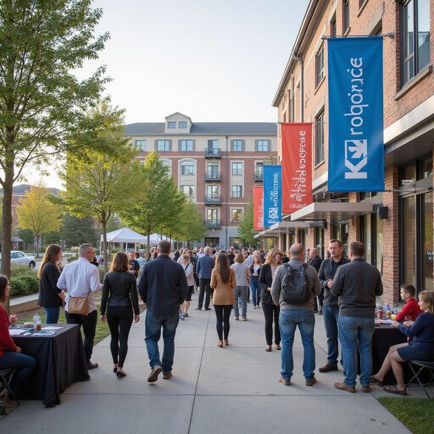 People walking along a sidewalk outside a building, flags, a food table.