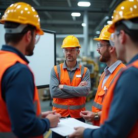 Workers in safety vests and helmets have a meeting in a factory.