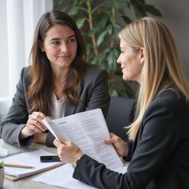 Two women in business attire review documents, discussing a project in an office setting.