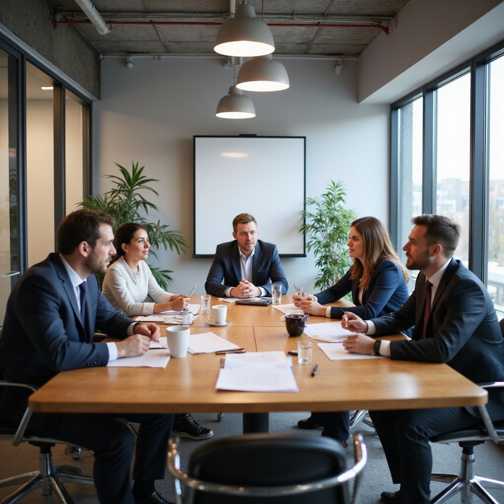 Business meeting in a modern office: five people around a table, discussing documents.