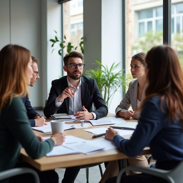 Business team in meeting around table. Man speaking, documents present. Bright office, window view.