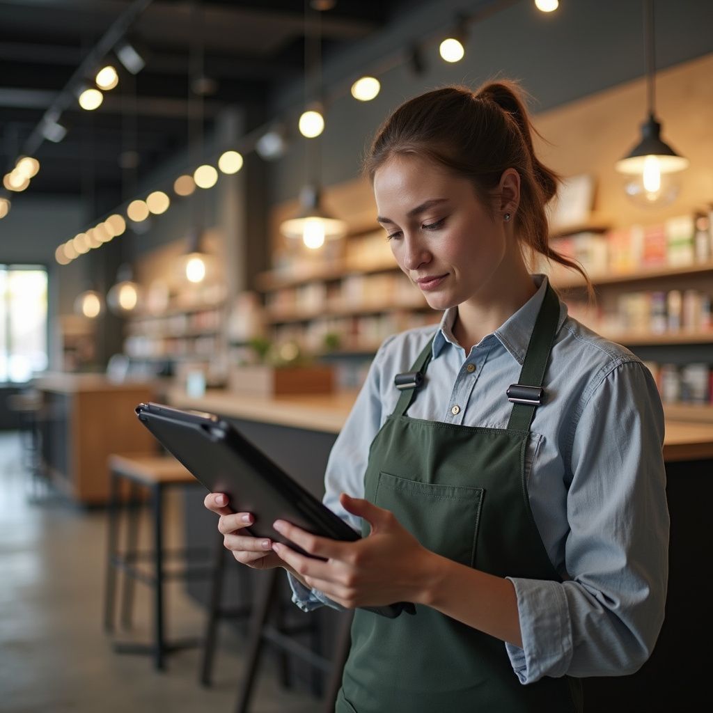 Woman in apron using tablet in a shop, shelves in background.