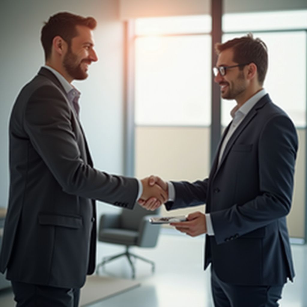 Two men in suits shake hands in an office, smiling.