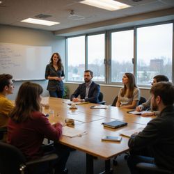 A woman leading a meeting with a group of people in an office.
