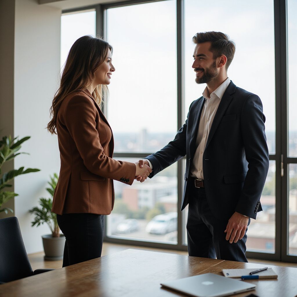 Woman and man in business attire shake hands in an office setting with a city view in the background.