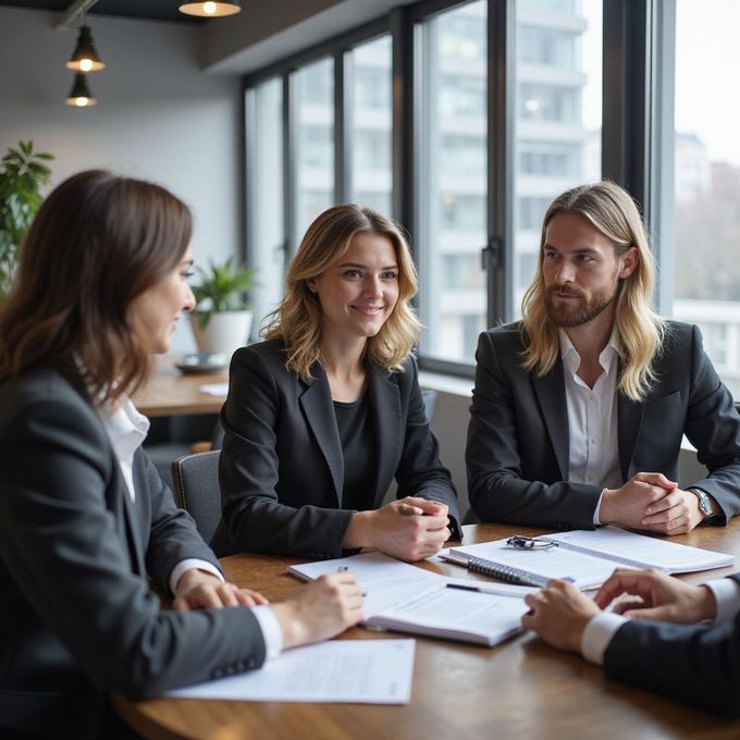 Business team in suits at a table, discussing documents. Windows behind them.