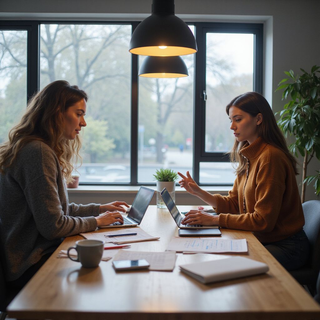 Two women work on laptops at a table near a window. One gestures while the other types.