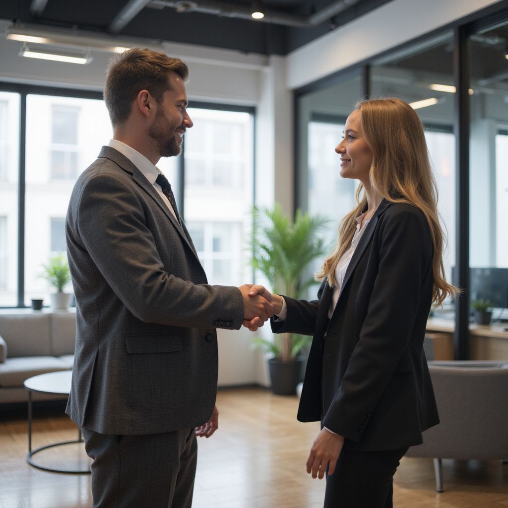 Man and woman in business attire shaking hands in an office, smiling.