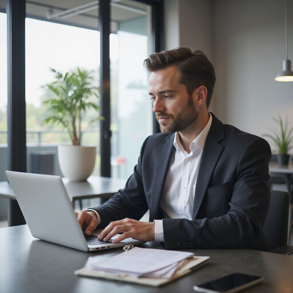 Man in suit typing on laptop at desk, documents and phone nearby.