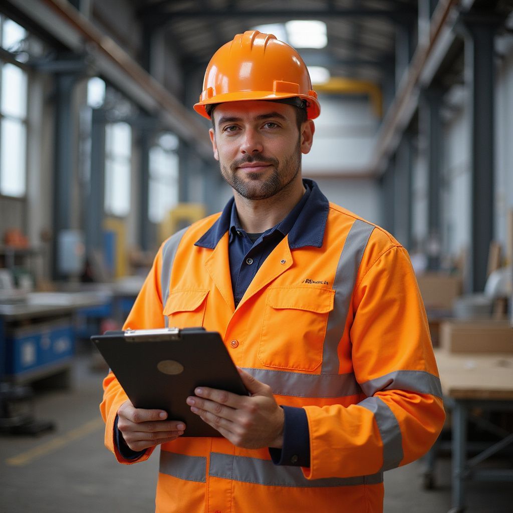 Construction worker in orange uniform and hard hat, holding a tablet, standing in a factory.
