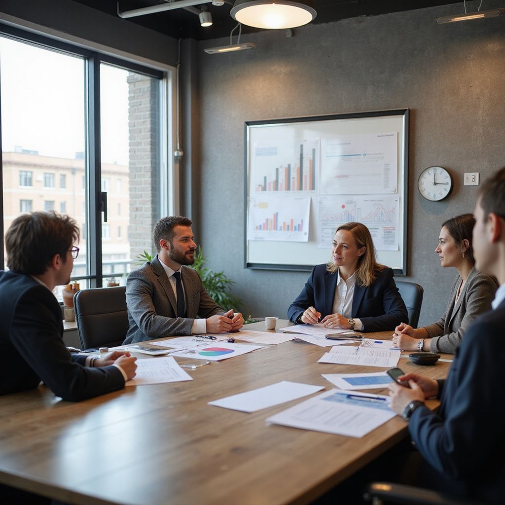 Business meeting in a conference room; people around a table looking at documents.