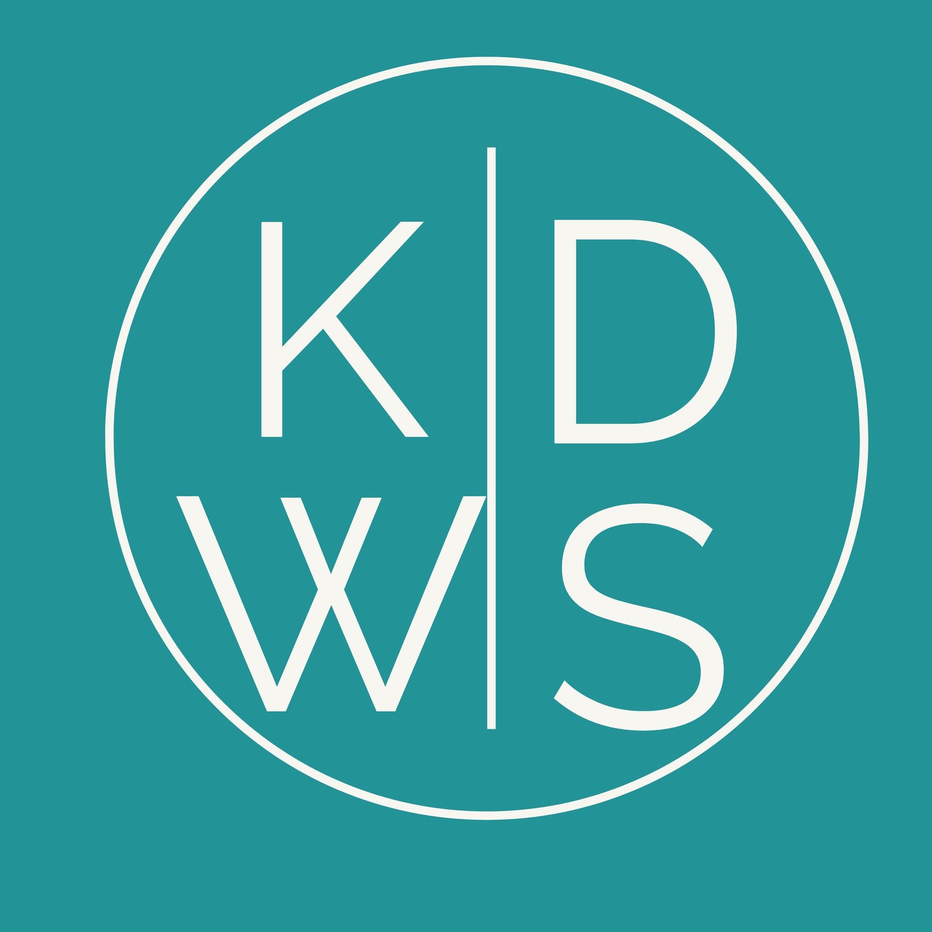 Teal circle with white letters: K on top left, D on top right, W on bottom left, and S on bottom right.