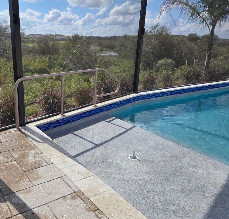 Pool with built-in steps and metal handrail. Blue tile border, screen enclosure, and outdoor view.
