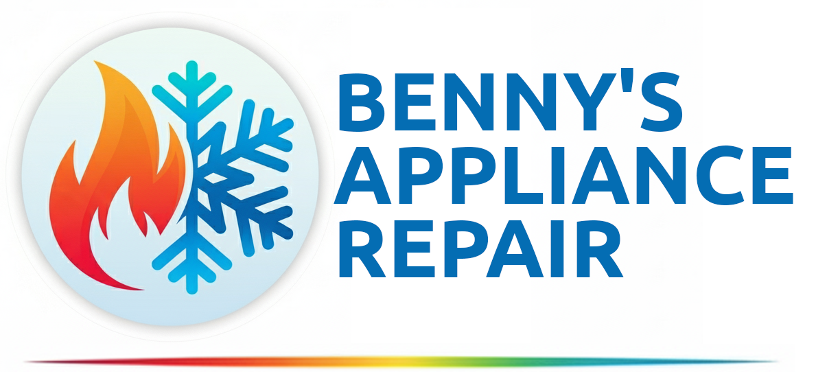 Logo for Benny's Appliance Repair. Shows fire and snowflake in a circle. Company name in blue on right.