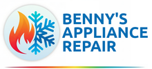 Logo for Benny's Appliance Repair. Shows fire and snowflake in a circle. Company name in blue on right.