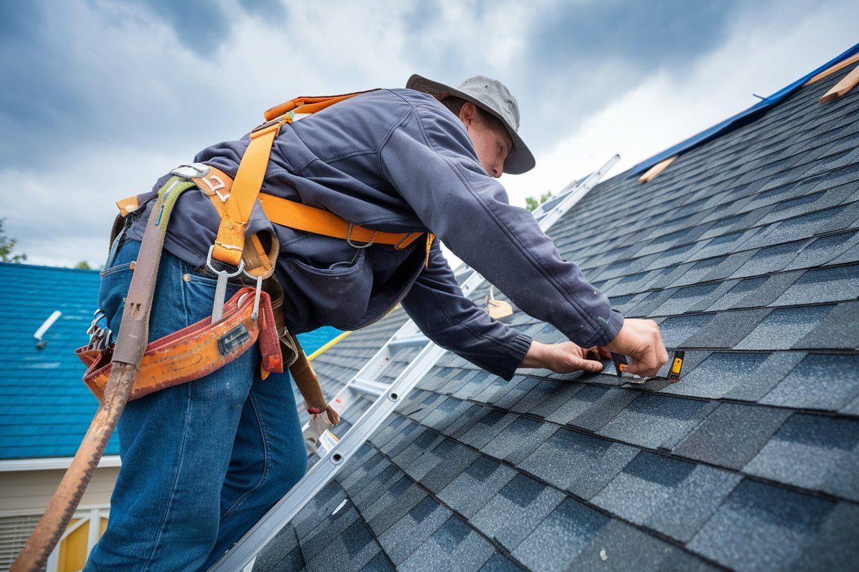 A man diligently repairs a roof, hammer in hand, surrounded by tools and roofing materials.