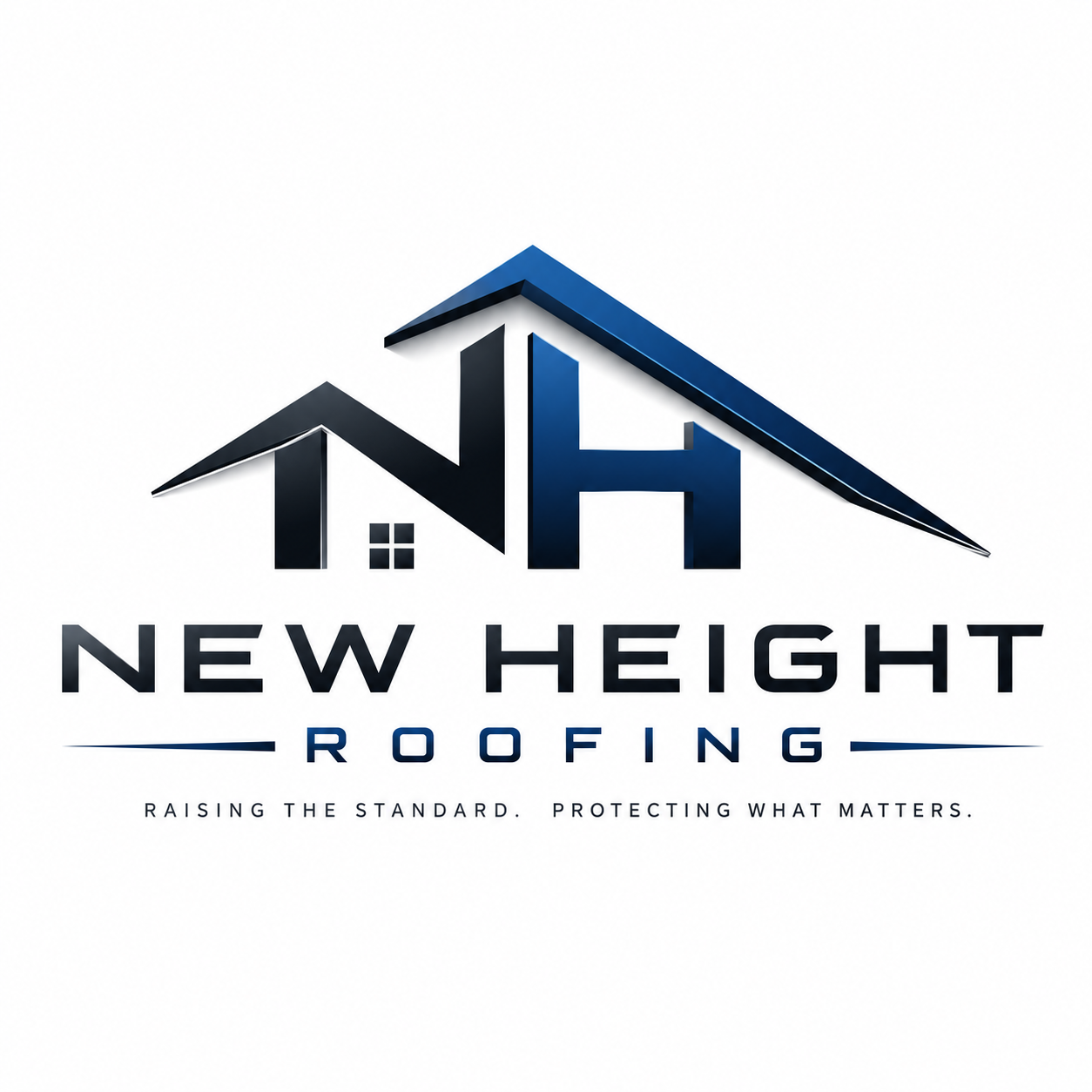 New Height Roofing logo with blue roof and dark gray house initials
