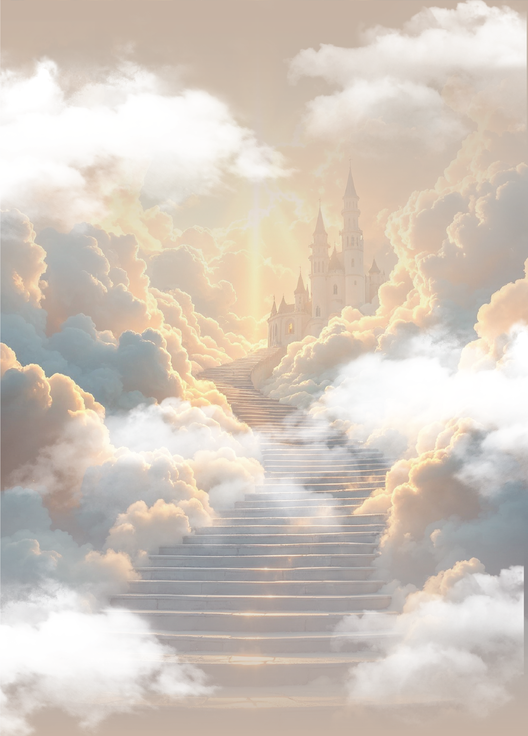 There are stairs leading up to a castle in the clouds.