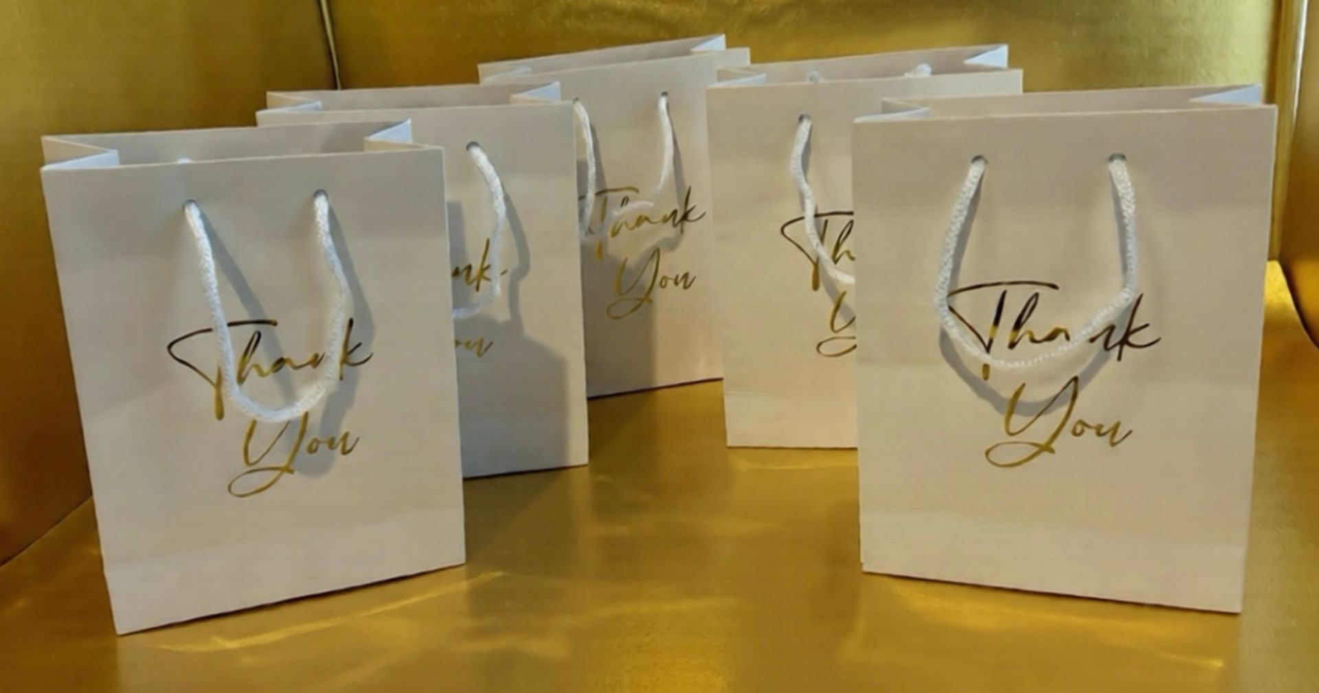 White Gloss Laminated Gift Bags with Gold Foil - Thank You