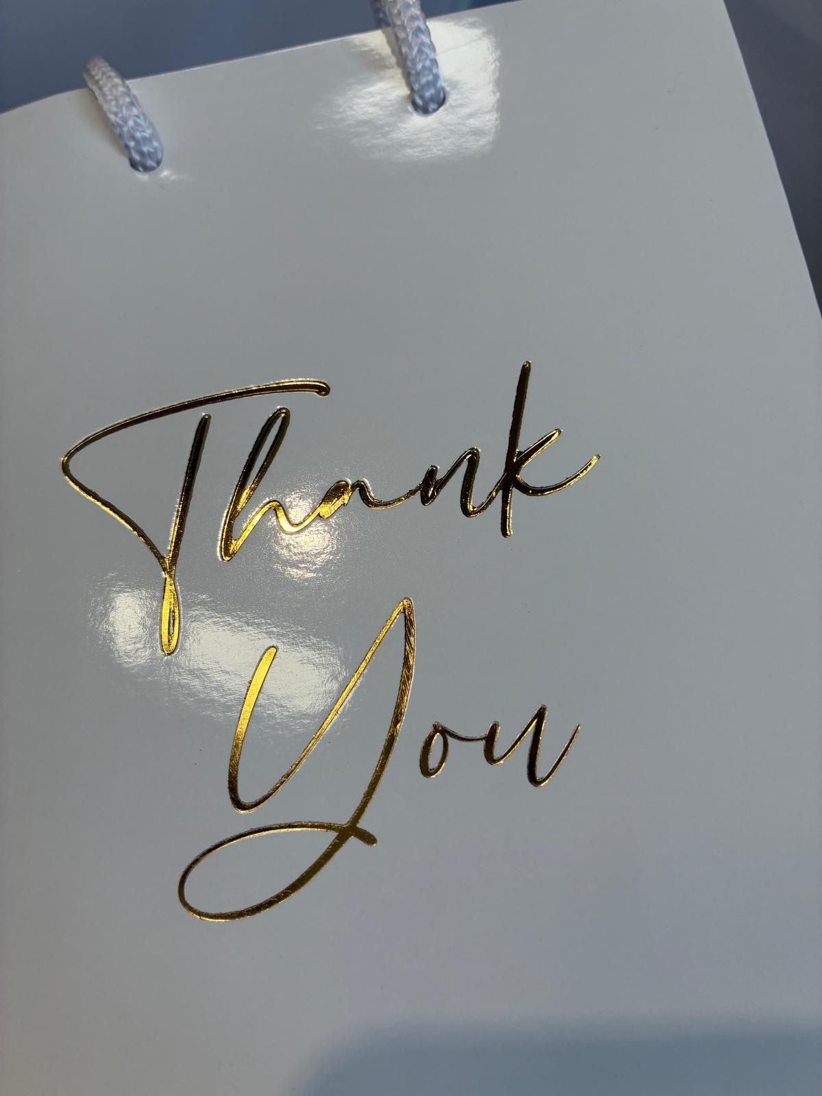 White Gloss Laminated Gift Bags with Gold Foil - Thank You